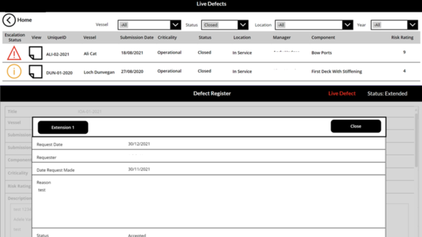 CalMac defect register Power App showing live defects with escalation status, criticality and risk rating