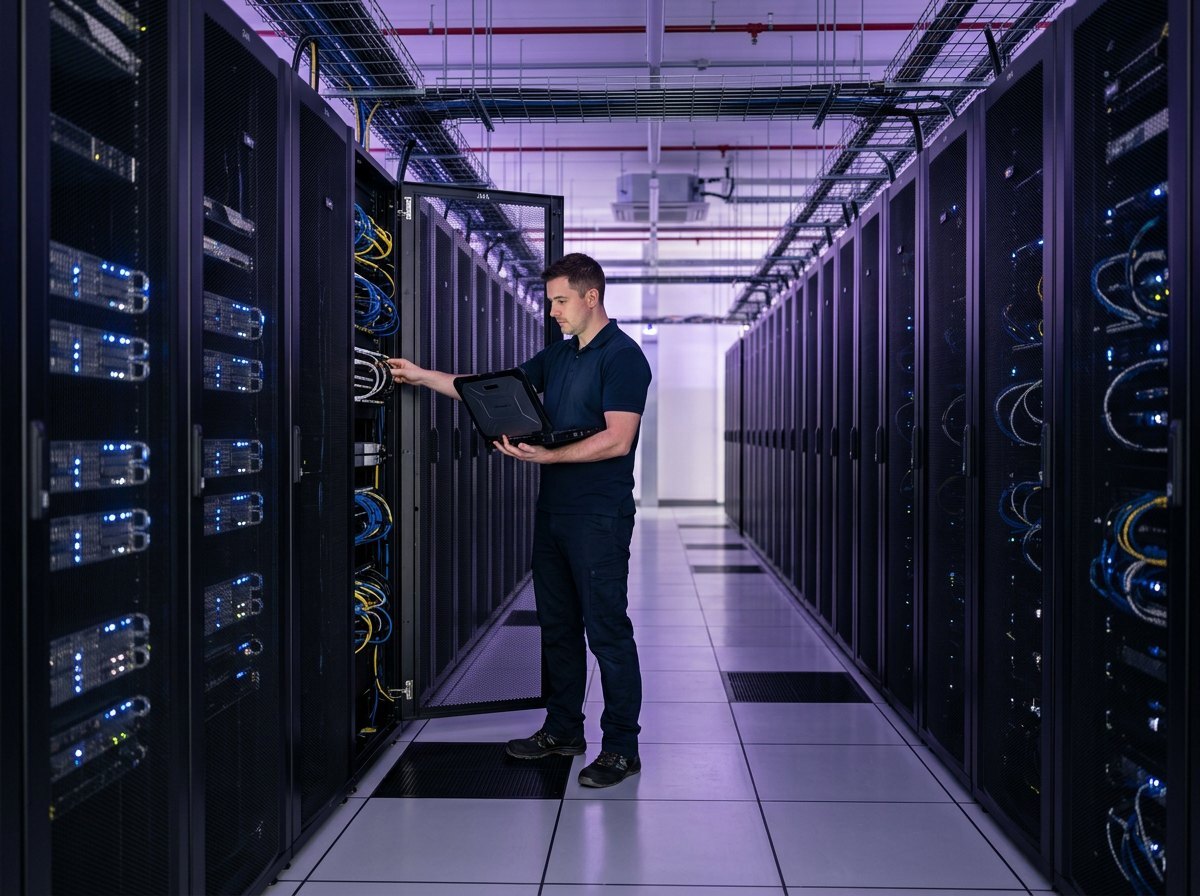 Engineer checking server racks in a data centre aisle