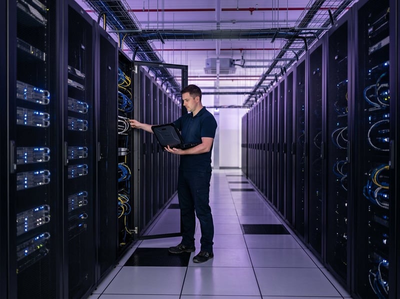 Engineer checking server racks in a data centre aisle