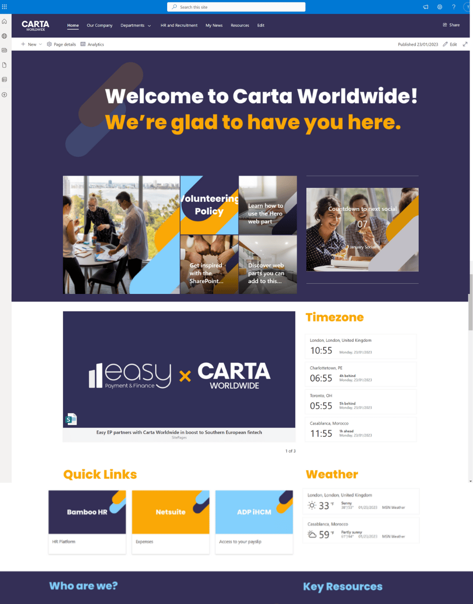 Carta Worldwide SharePoint intranet homepage