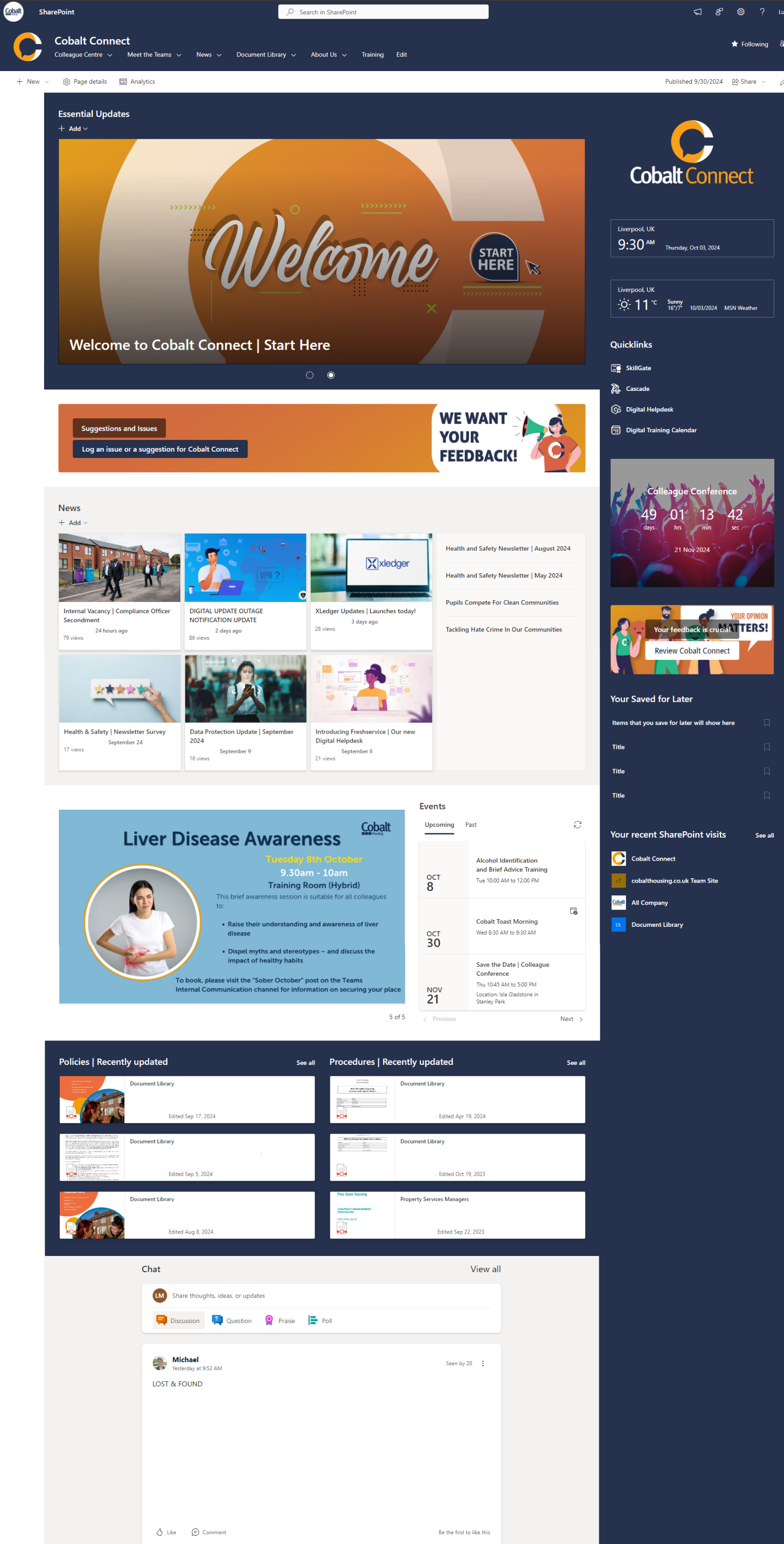 Cobalt Connect SharePoint intranet homepage