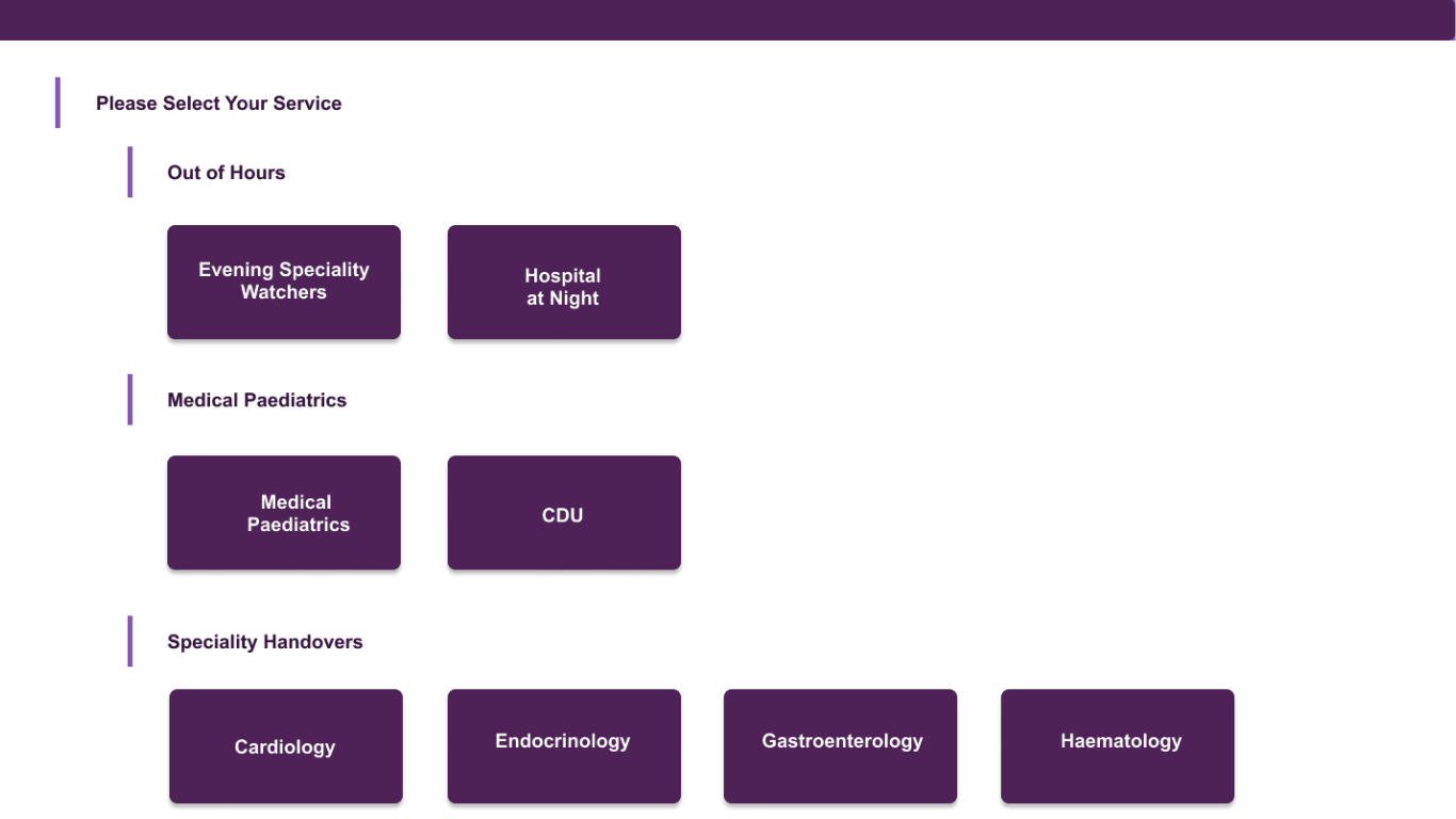 Screenshot of Patient Handover Homescreen