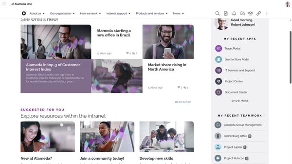 Omnia intranet homepage with targeted news and recent apps