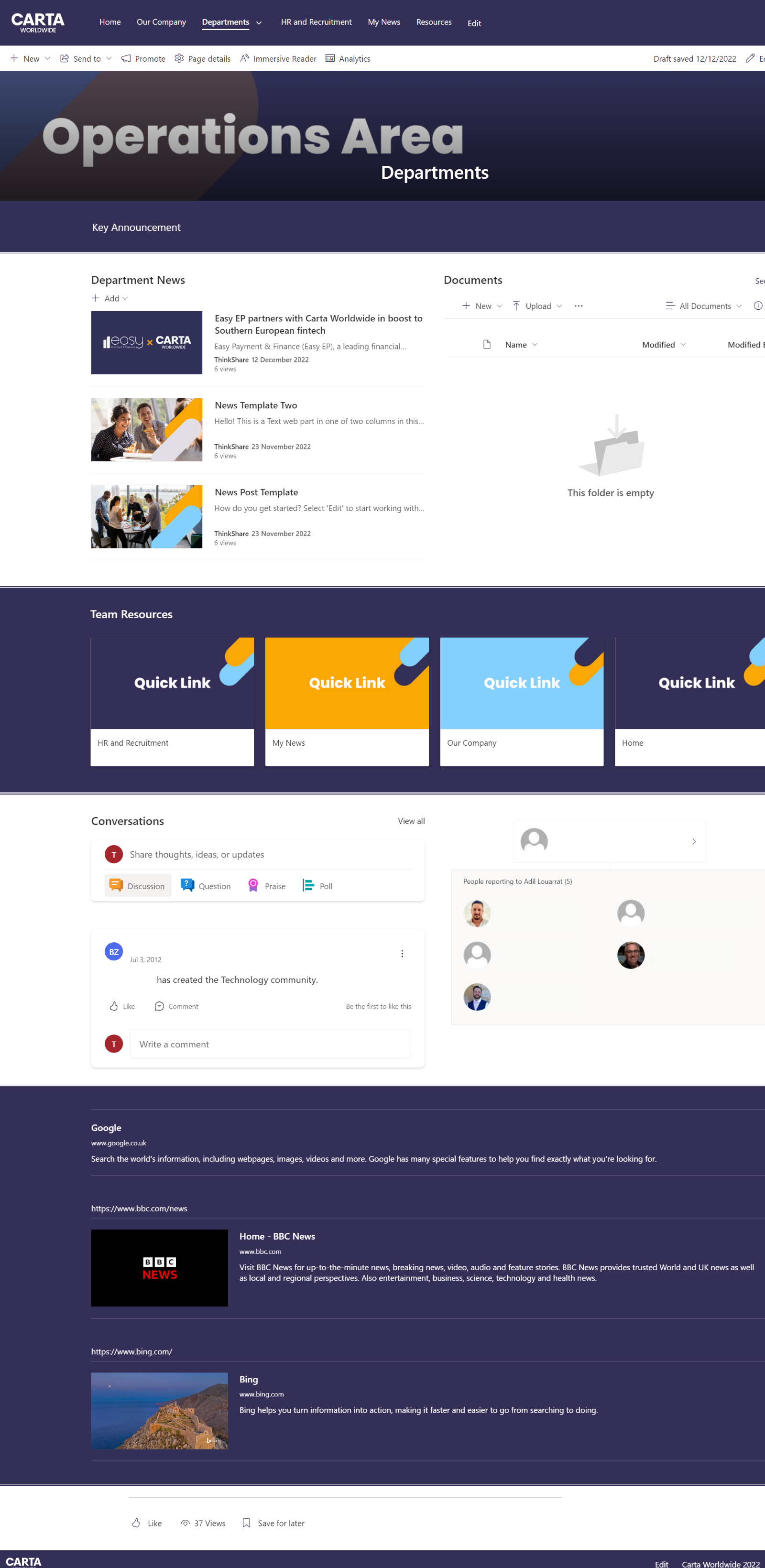 Carta Worldwide SharePoint intranet homepage