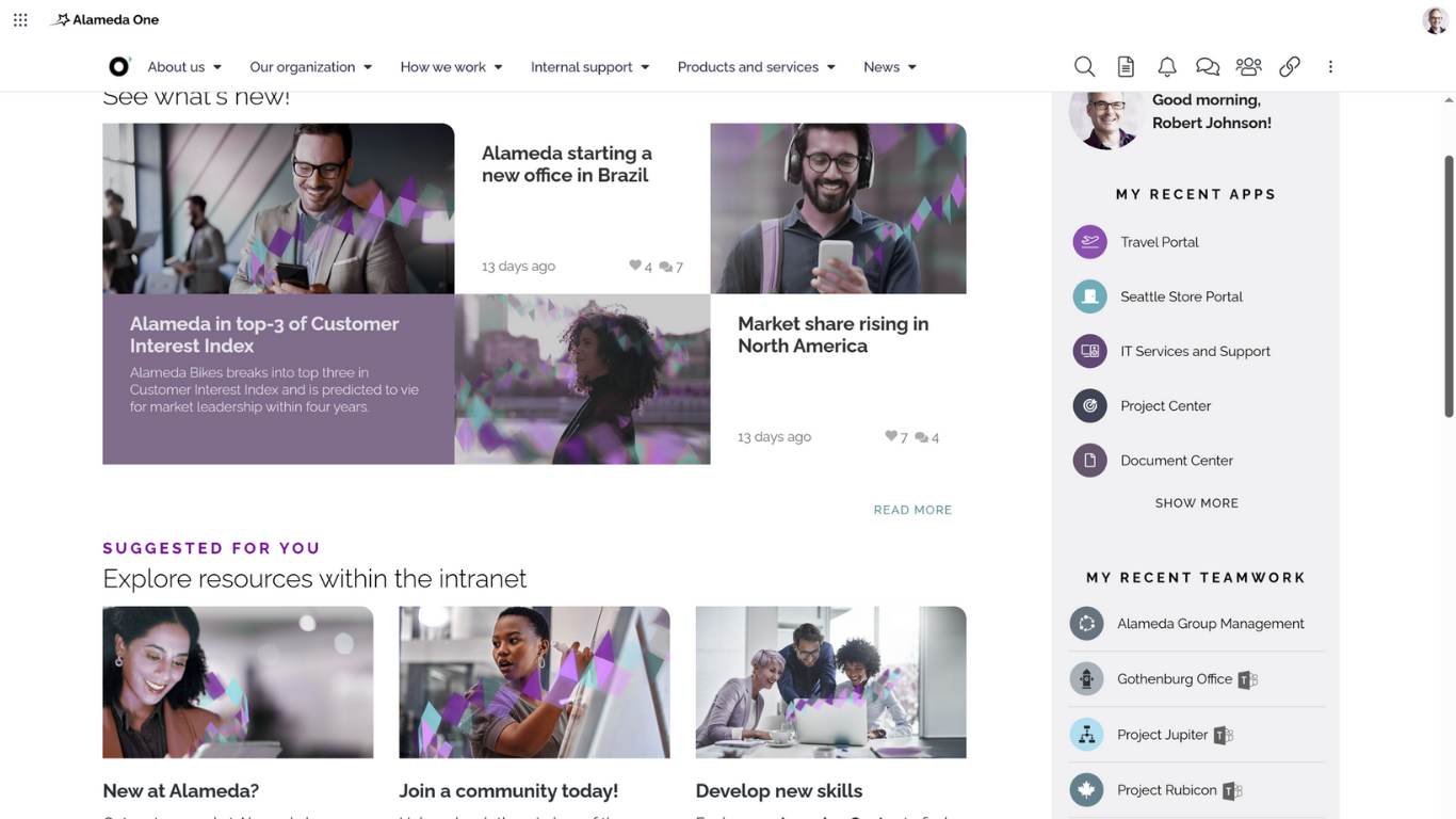 Omnia intranet homepage with targeted news and recent apps